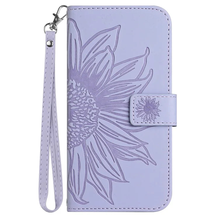 HT04 For Oppo A59 5G Case Wallet Leather Cover Sunflower Pattern with Hand Strap