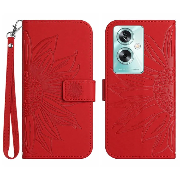 HT04 For Oppo A59 5G Case Wallet Leather Cover Sunflower Pattern with Hand Strap
