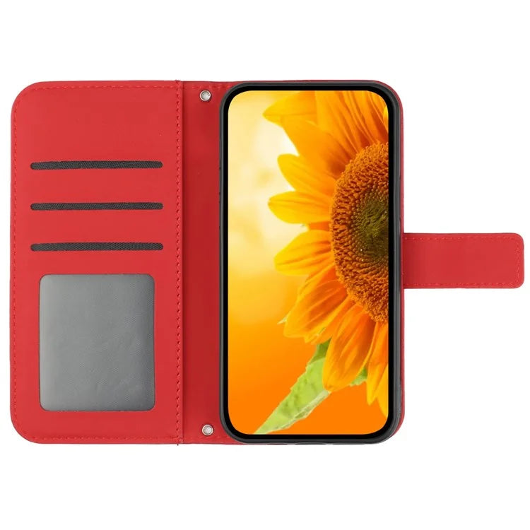 HT04 For Oppo A59 5G Case Wallet Leather Cover Sunflower Pattern with Hand Strap