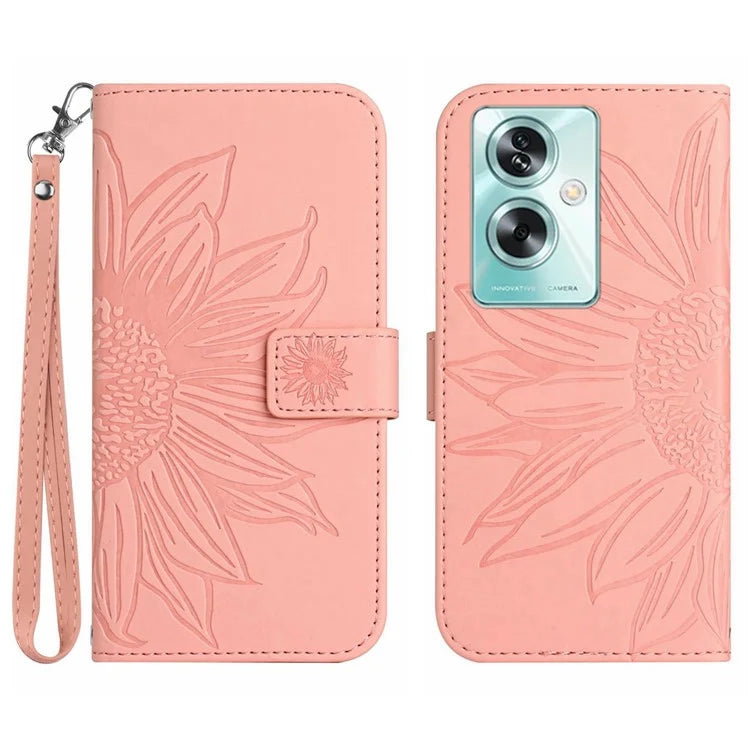 HT04 For Oppo A59 5G Case Wallet Leather Cover Sunflower Pattern with Hand Strap