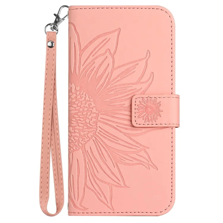 HT04 For Oppo A59 5G Case Wallet Leather Cover Sunflower Pattern with Hand Strap