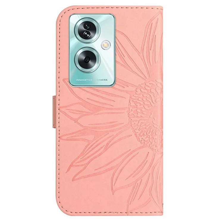 HT04 For Oppo A59 5G Case Wallet Leather Cover Sunflower Pattern with Hand Strap