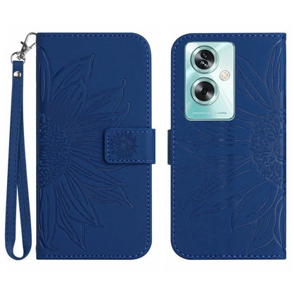 HT04 For Oppo A59 5G Case Wallet Leather Cover Sunflower Pattern with Hand Strap