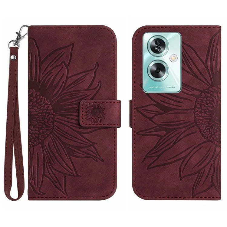 HT04 For Oppo A59 5G Case Wallet Leather Cover Sunflower Pattern with Hand Strap