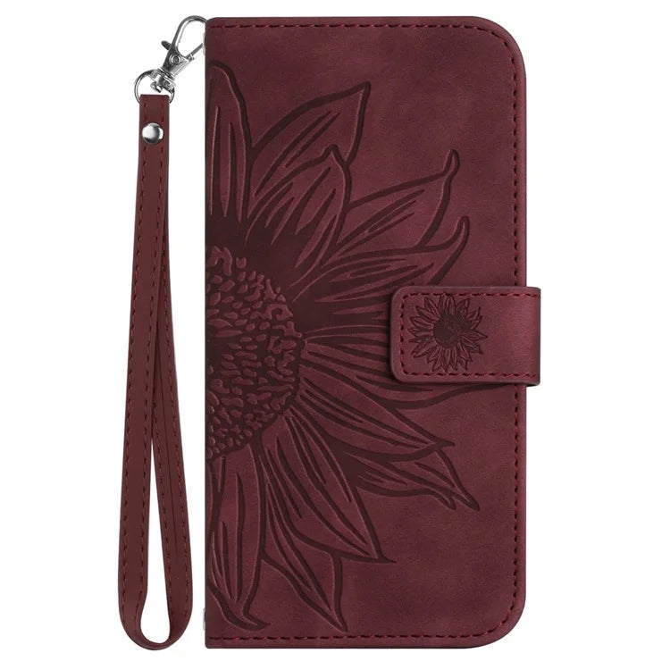 HT04 For Oppo A59 5G Case Wallet Leather Cover Sunflower Pattern with Hand Strap