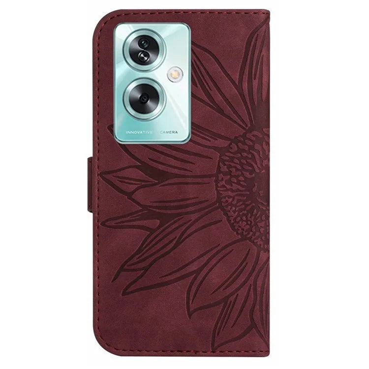 HT04 For Oppo A59 5G Case Wallet Leather Cover Sunflower Pattern with Hand Strap