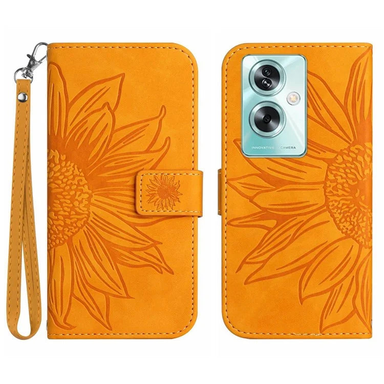 HT04 For Oppo A59 5G Case Wallet Leather Cover Sunflower Pattern with Hand Strap