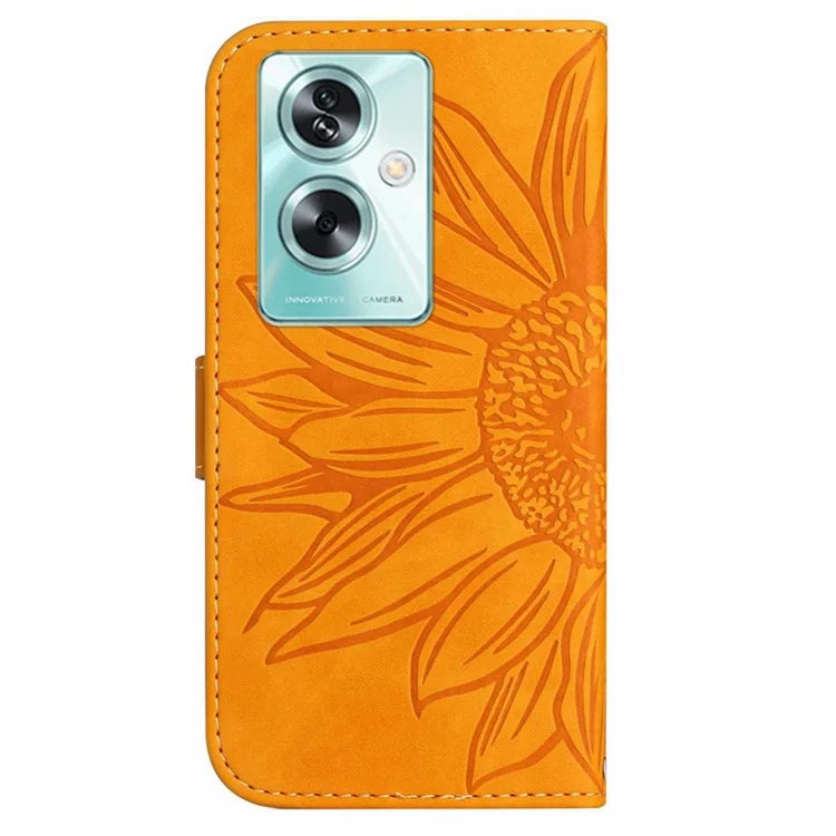HT04 For Oppo A59 5G Case Wallet Leather Cover Sunflower Pattern with Hand Strap