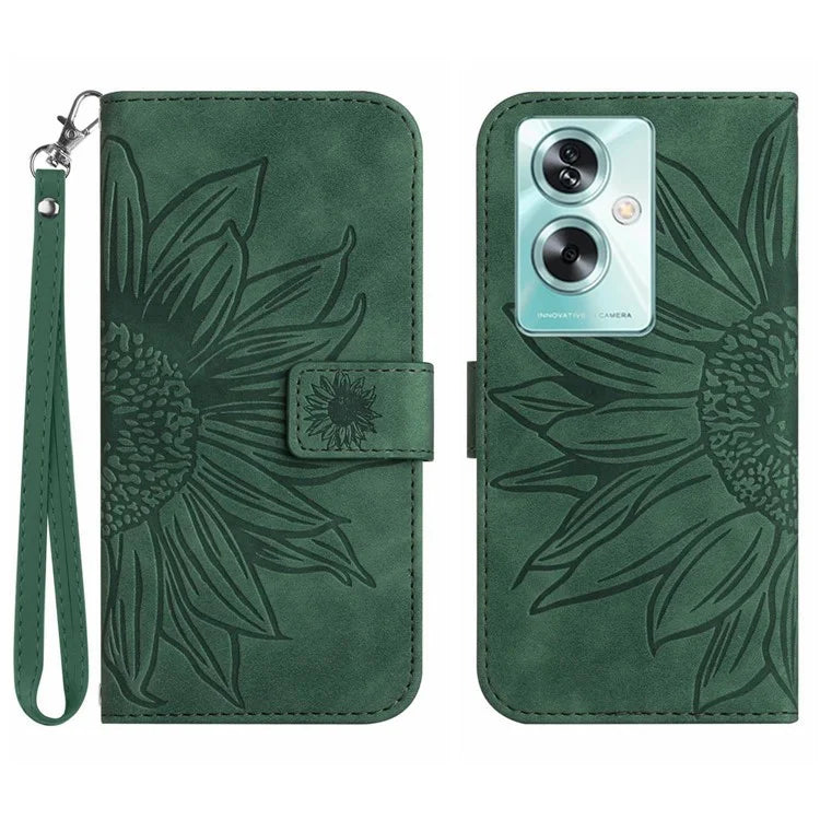 HT04 For Oppo A59 5G Case Wallet Leather Cover Sunflower Pattern with Hand Strap