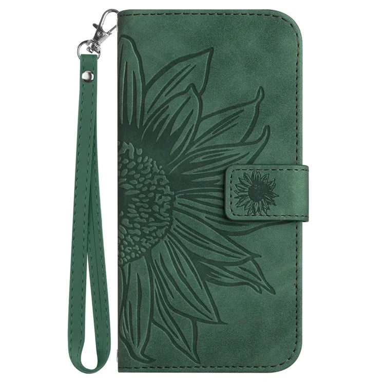 HT04 For Oppo A59 5G Case Wallet Leather Cover Sunflower Pattern with Hand Strap