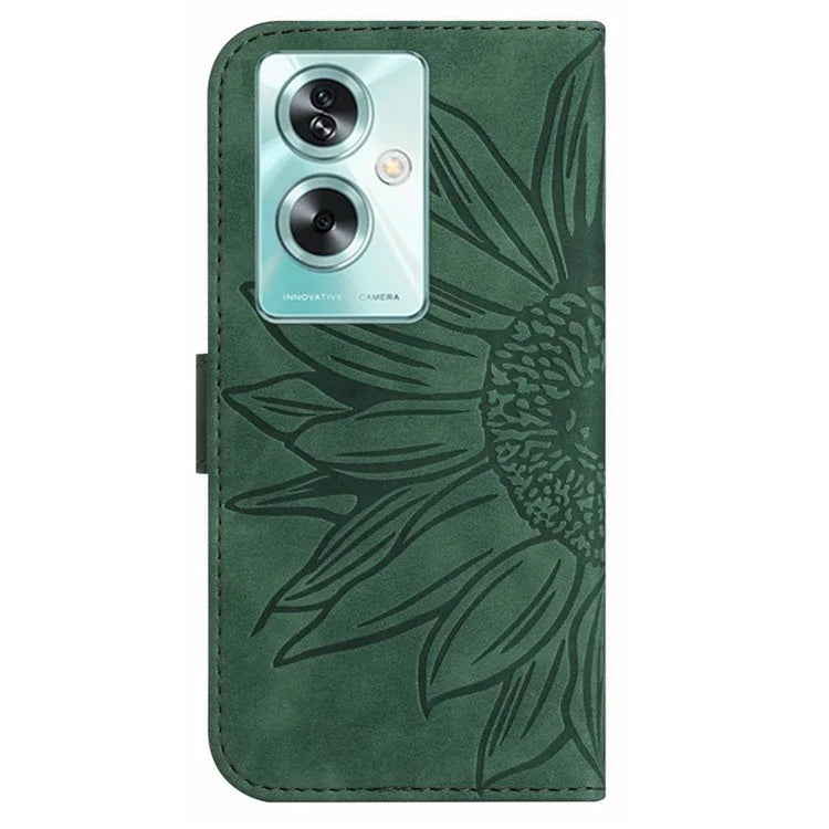 HT04 For Oppo A59 5G Case Wallet Leather Cover Sunflower Pattern with Hand Strap