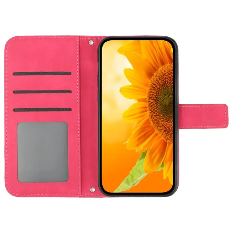 HT04 For Oppo A59 5G Case Wallet Leather Cover Sunflower Pattern with Hand Strap