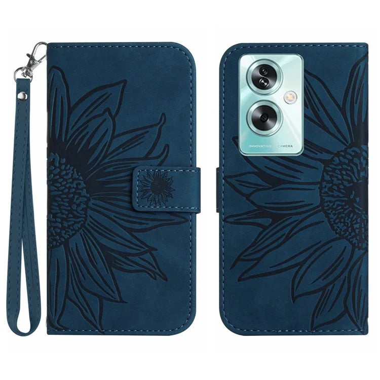 HT04 For Oppo A59 5G Case Wallet Leather Cover Sunflower Pattern with Hand Strap