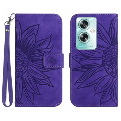 HT04 For Oppo A59 5G Case Wallet Leather Cover Sunflower Pattern with Hand Strap