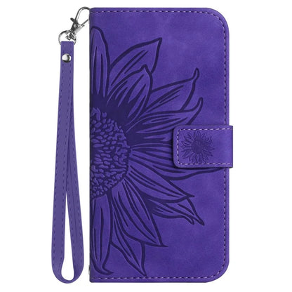 HT04 For Oppo A59 5G Case Wallet Leather Cover Sunflower Pattern with Hand Strap