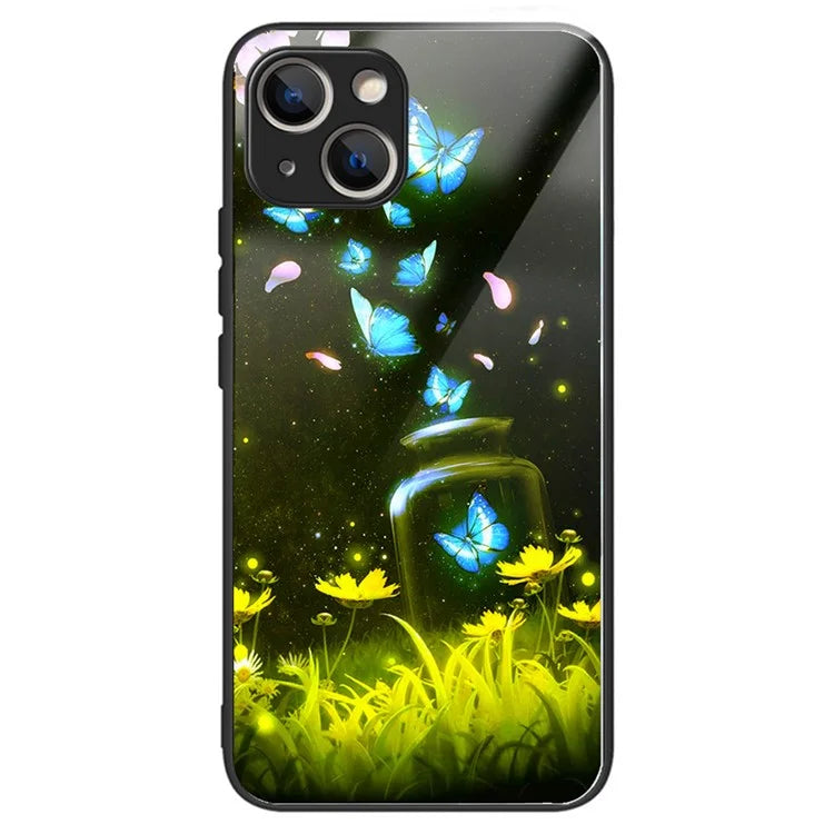 For iPhone 15 Pattern Phone Case Tempered Glass Back TPU Frame Phone Shell