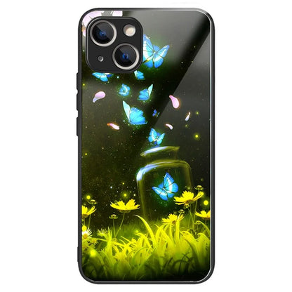 For iPhone 15 Pattern Phone Case Tempered Glass Back TPU Frame Phone Shell