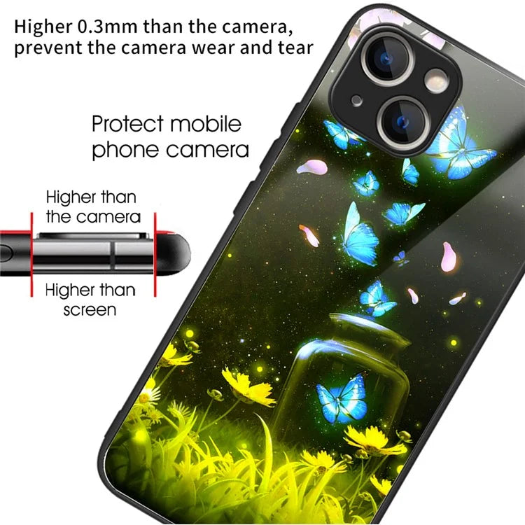 For iPhone 15 Pattern Phone Case Tempered Glass Back TPU Frame Phone Shell