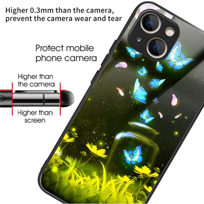 For iPhone 15 Pattern Phone Case Tempered Glass Back TPU Frame Phone Shell