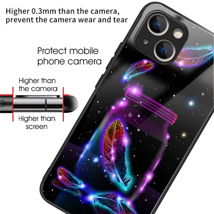 For iPhone 15 Pattern Phone Case Tempered Glass Back TPU Frame Phone Shell