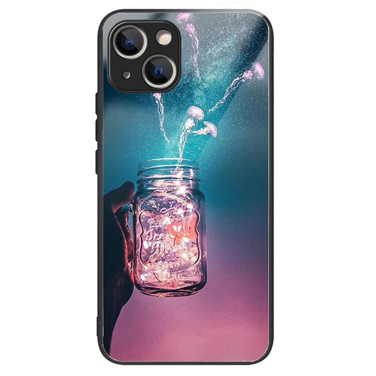 For iPhone 15 Pattern Phone Case Tempered Glass Back TPU Frame Phone Shell