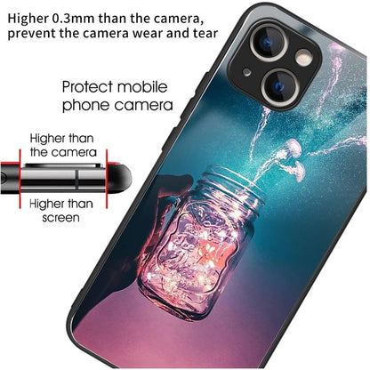 For iPhone 15 Pattern Phone Case Tempered Glass Back TPU Frame Phone Shell