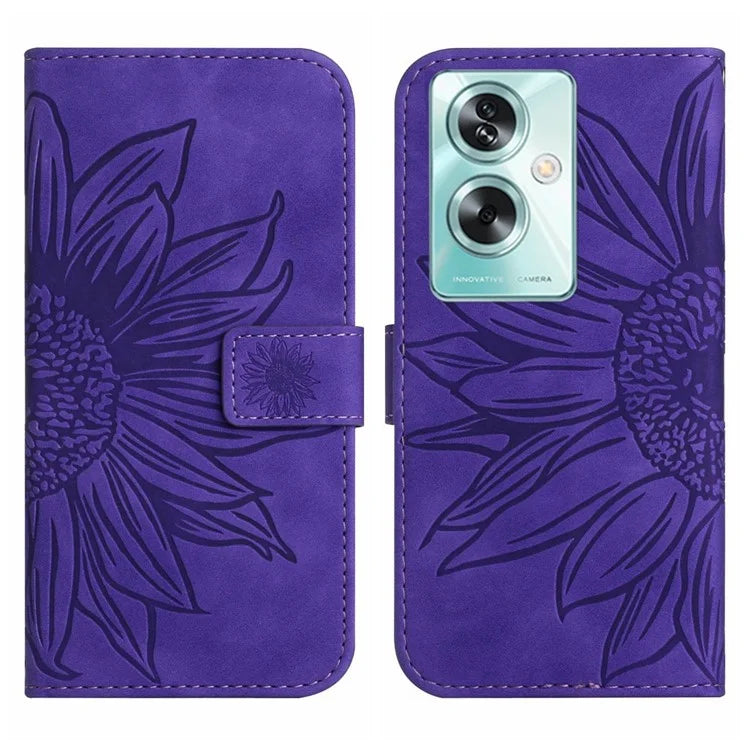 HT04 For Oppo A59 5G Case Imprinted Sunflower Pattern Crossbody Leather Phone Cover