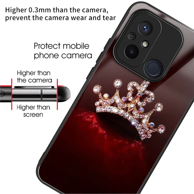 Phone Case for Xiaomi Redmi 12C 4G Resistant TPU+Tempered Glass Cover Pattern Design