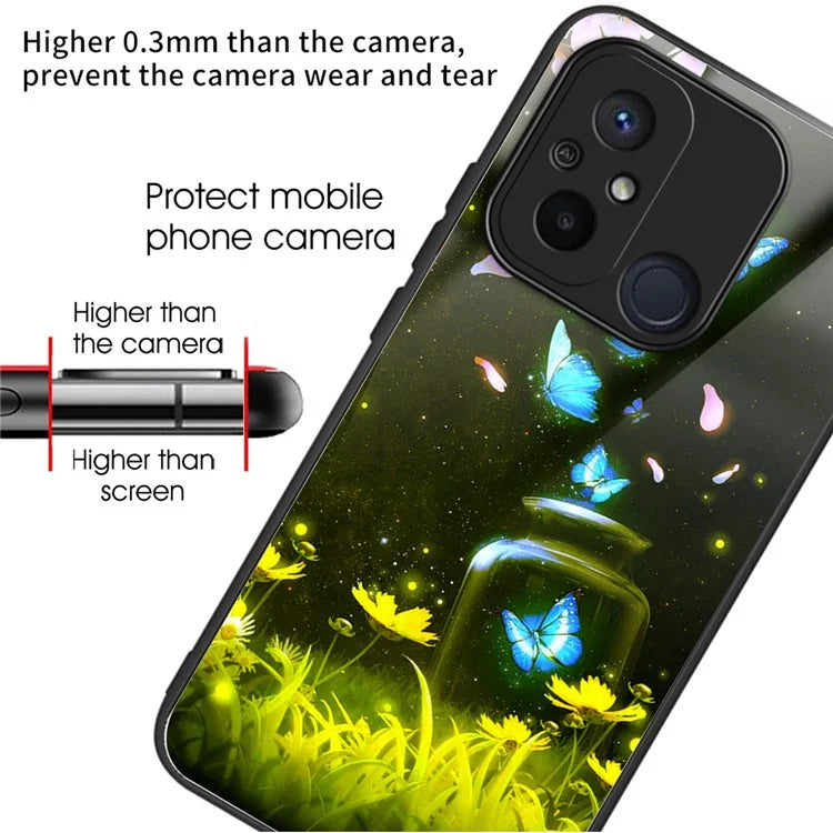 Phone Case for Xiaomi Redmi 12C 4G Resistant TPU+Tempered Glass Cover Pattern Design