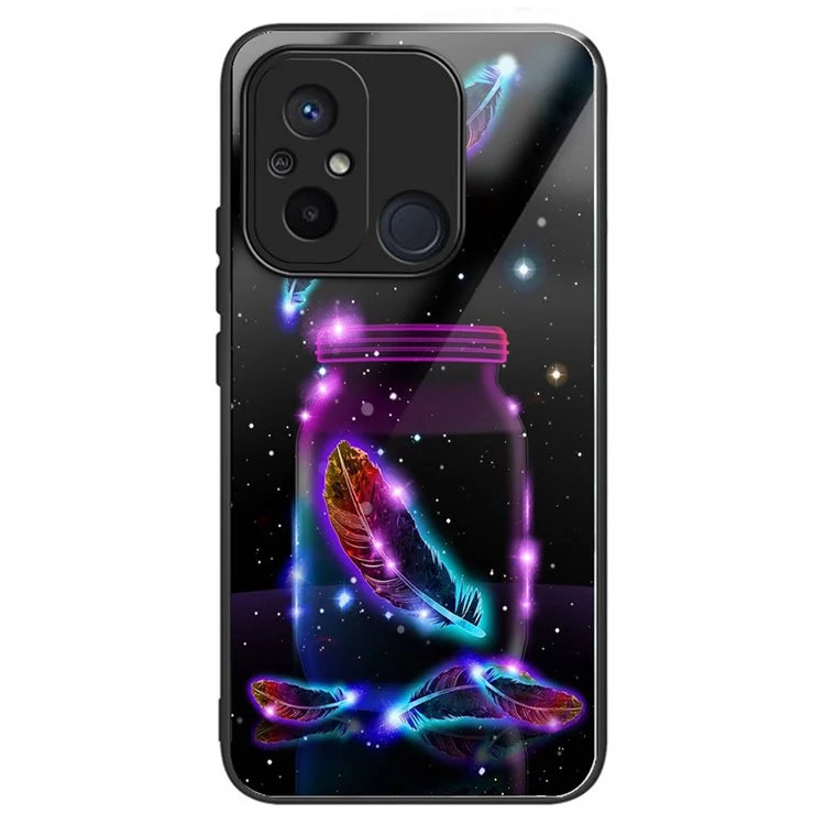 Phone Case for Xiaomi Redmi 12C 4G Resistant TPU+Tempered Glass Cover Pattern Design