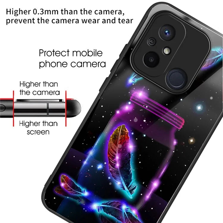 Phone Case for Xiaomi Redmi 12C 4G Resistant TPU+Tempered Glass Cover Pattern Design