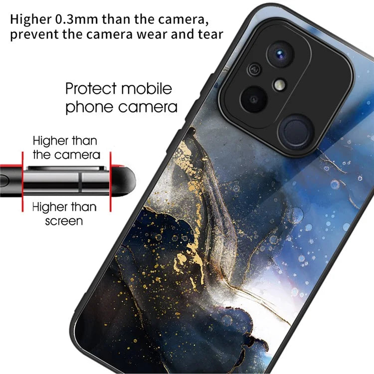 Phone Case for Xiaomi Redmi 12C 4G Resistant TPU+Tempered Glass Cover Pattern Design
