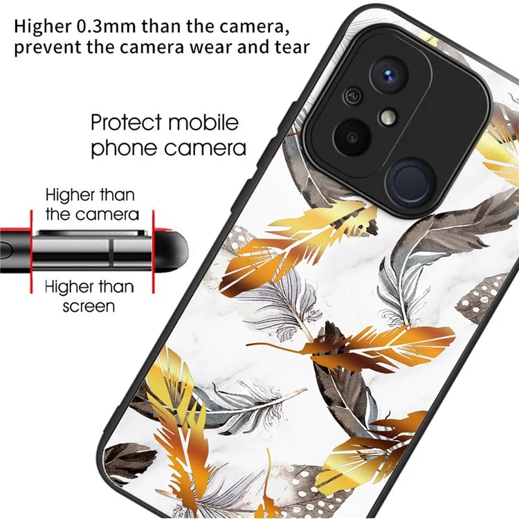 Phone Case for Xiaomi Redmi 12C 4G Resistant TPU+Tempered Glass Cover Pattern Design