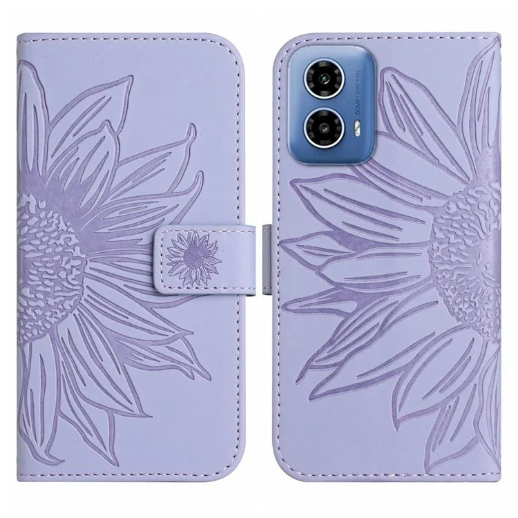 HT04 For Motorola Moto G34 5G Leather Case Sunflower Pattern Phone Cover with Crossbody Strap