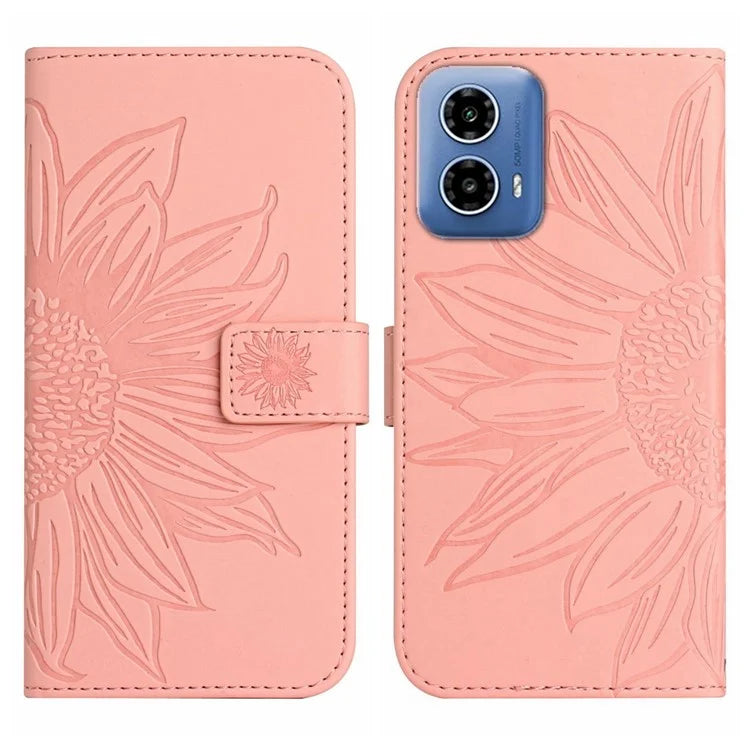HT04 For Motorola Moto G34 5G Leather Case Sunflower Pattern Phone Cover with Crossbody Strap