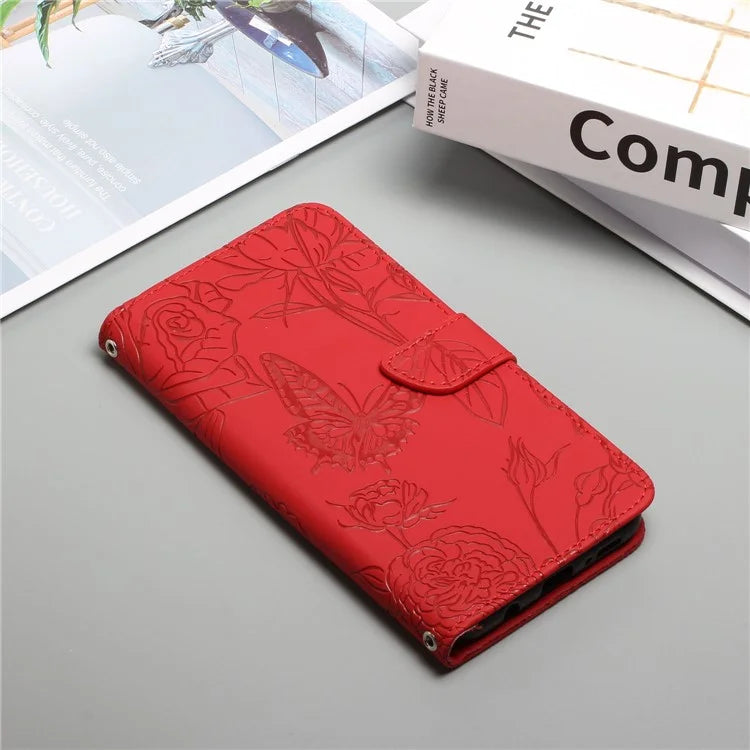 HT03 For Motorola Moto G34 5G Case Leather Butterfly Flower Pattern Cover with Hand Strap