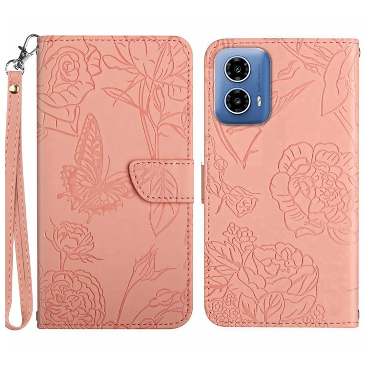 HT03 For Motorola Moto G34 5G Case Leather Butterfly Flower Pattern Cover with Hand Strap