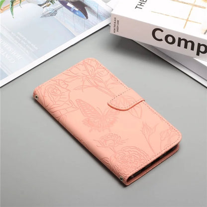 HT03 For Motorola Moto G34 5G Case Leather Butterfly Flower Pattern Cover with Hand Strap