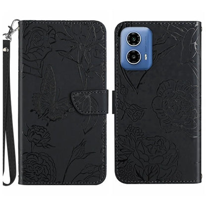 HT03 For Motorola Moto G34 5G Case Leather Butterfly Flower Pattern Cover with Hand Strap