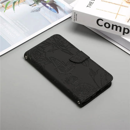 HT03 For Motorola Moto G34 5G Case Leather Butterfly Flower Pattern Cover with Hand Strap