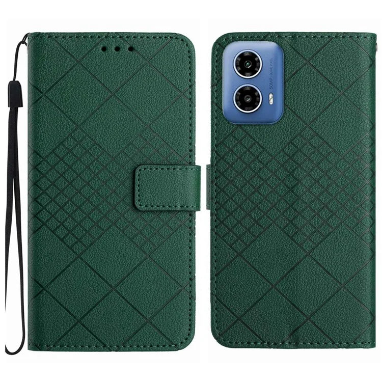 HT06 For Motorola Moto G34 5G Case Rhombus Pattern Leather Cover with Wrist Strap