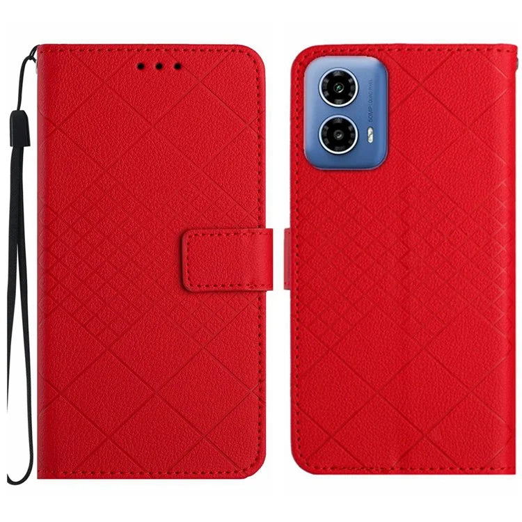 HT06 For Motorola Moto G34 5G Case Rhombus Pattern Leather Cover with Wrist Strap