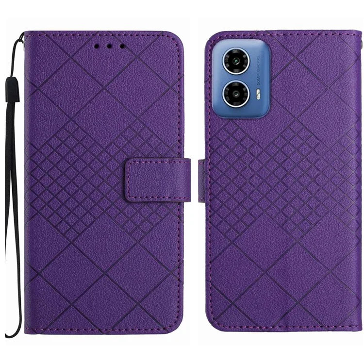 HT06 For Motorola Moto G34 5G Case Rhombus Pattern Leather Cover with Wrist Strap