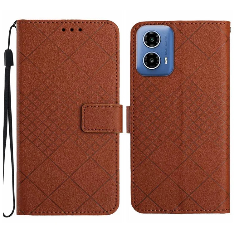 HT06 For Motorola Moto G34 5G Case Rhombus Pattern Leather Cover with Wrist Strap