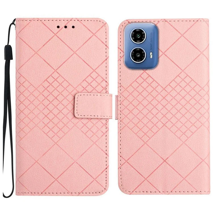 HT06 For Motorola Moto G34 5G Case Rhombus Pattern Leather Cover with Wrist Strap