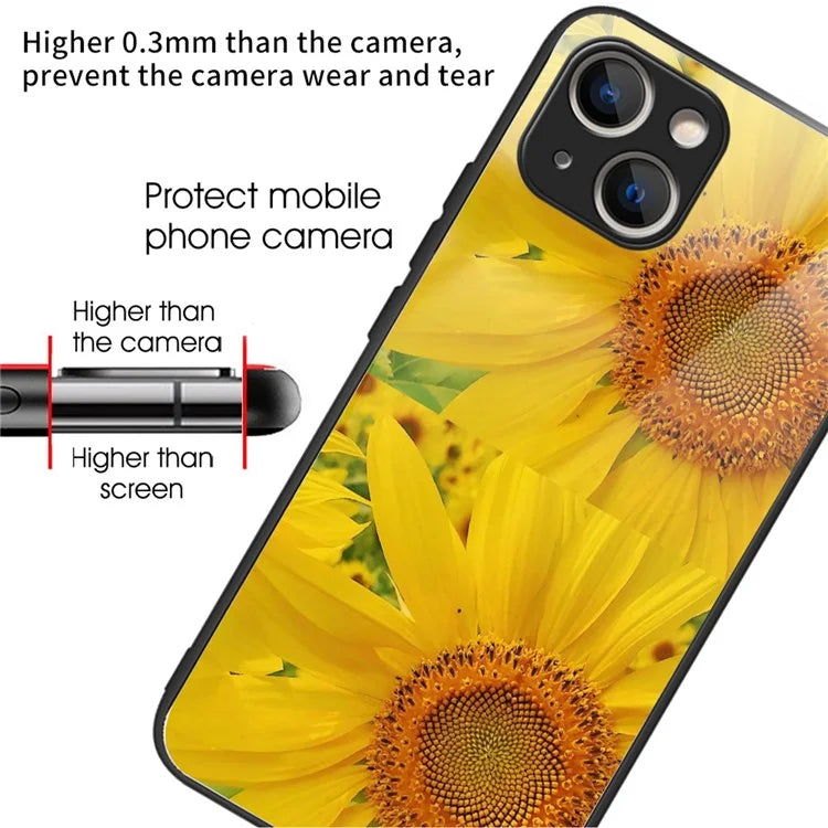 For iPhone 15 Tempered Glass Case Pattern Printing Phone Cover Drop-proof