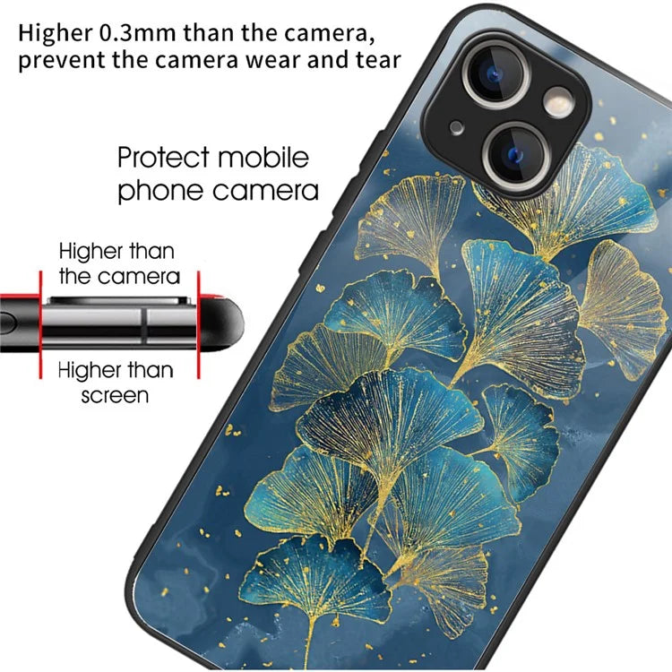 For iPhone 15 Tempered Glass Case Pattern Printing Phone Cover Drop-proof