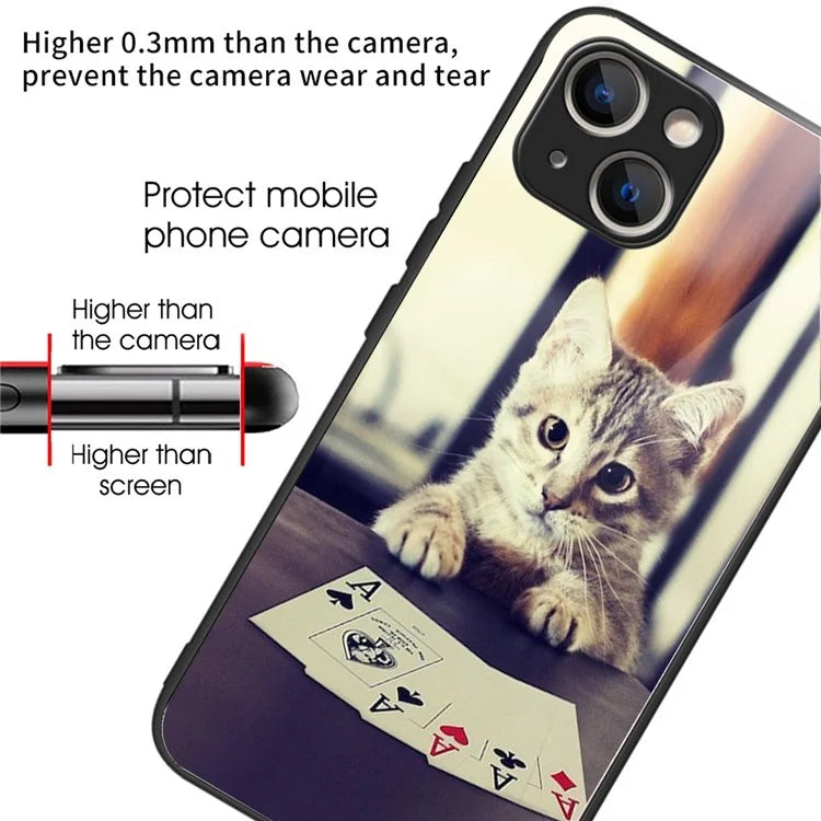 For iPhone 15 Tempered Glass Case Pattern Printing Phone Cover Drop-proof