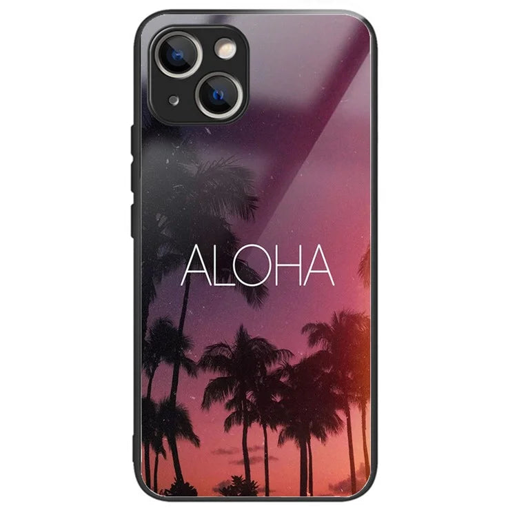 For iPhone 15 Tempered Glass Case Pattern Printing Phone Cover Drop-proof