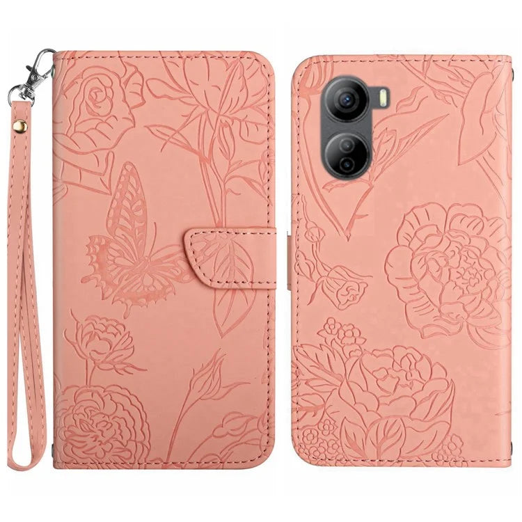 HT03 For ZTE Libero 5G IV Cell Phone Case Skin-touch Leather Cover with Butterfly Flower Pattern